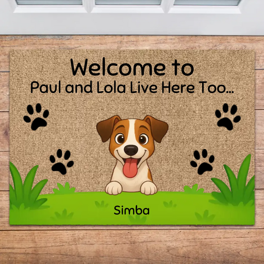 Personalized doormat featuring a cheerful cartoon dog, paw prints, and a custom welcome message.