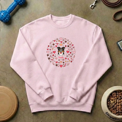 Detail of pet's face and heart design on 'Whirlwind of Love' sweatshirt.