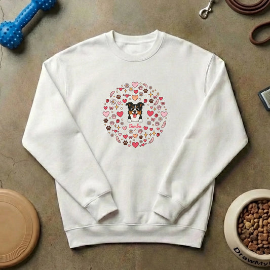 Personalized 'Whirlwind of Love' sweatshirt with dog portrait and pet name.