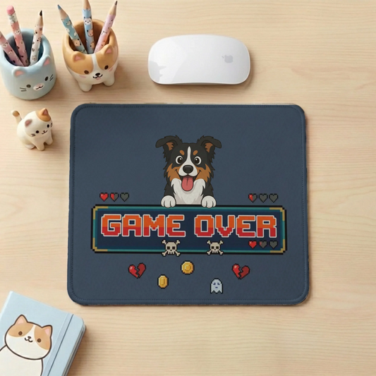 Personalized 'Game Over' mouse pad with happy Australian Shepherd dog illustration on desk