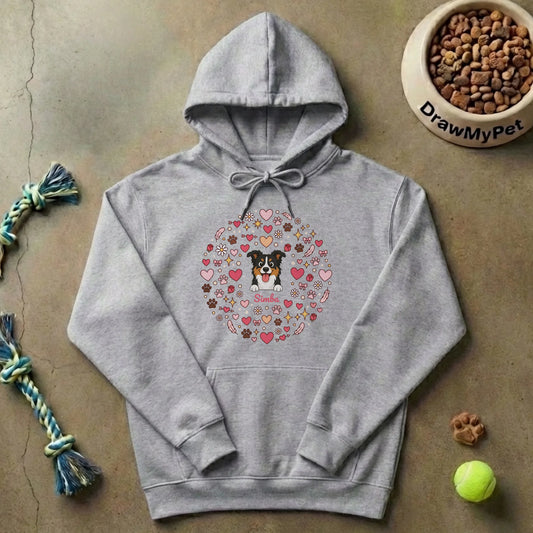 Personalized 'Whirlwind of Love' hoodie featuring a cute dog portrait surrounded by hearts and paw prints.