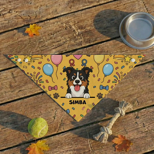 Personalized "Happy Barkday" pet bandana with a cheerful cartoon dog and custom name "Simba" on a yellow background.