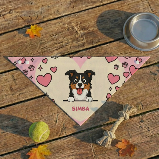 Personalized pet bandana 'Heart Cloud' design with cartoon dog, hearts, and pet name.