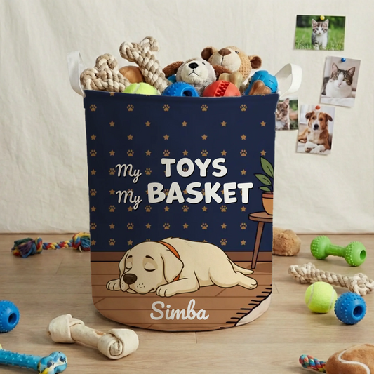 Personalized pet toy basket with sleeping Labrador design and custom name.