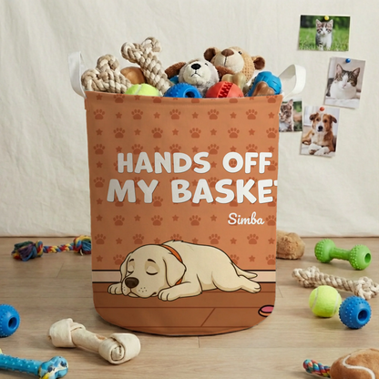 Personalized 'Hands Off My Basket' toy basket with a sleeping dog cartoon and pet's name Simba.