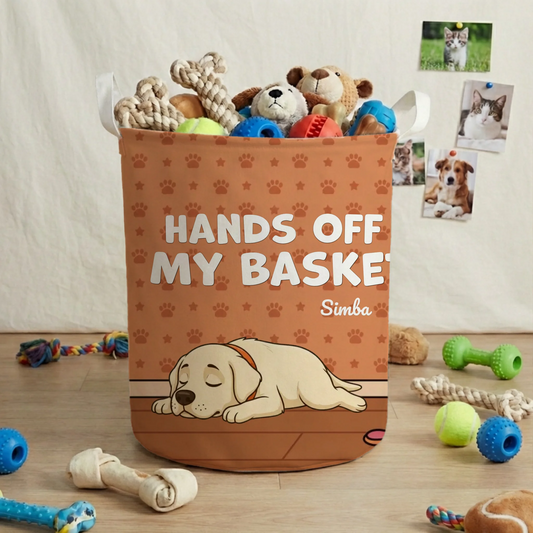 Personalized 'Hands Off My Basket' toy basket with a sleeping dog cartoon and pet's name Simba.