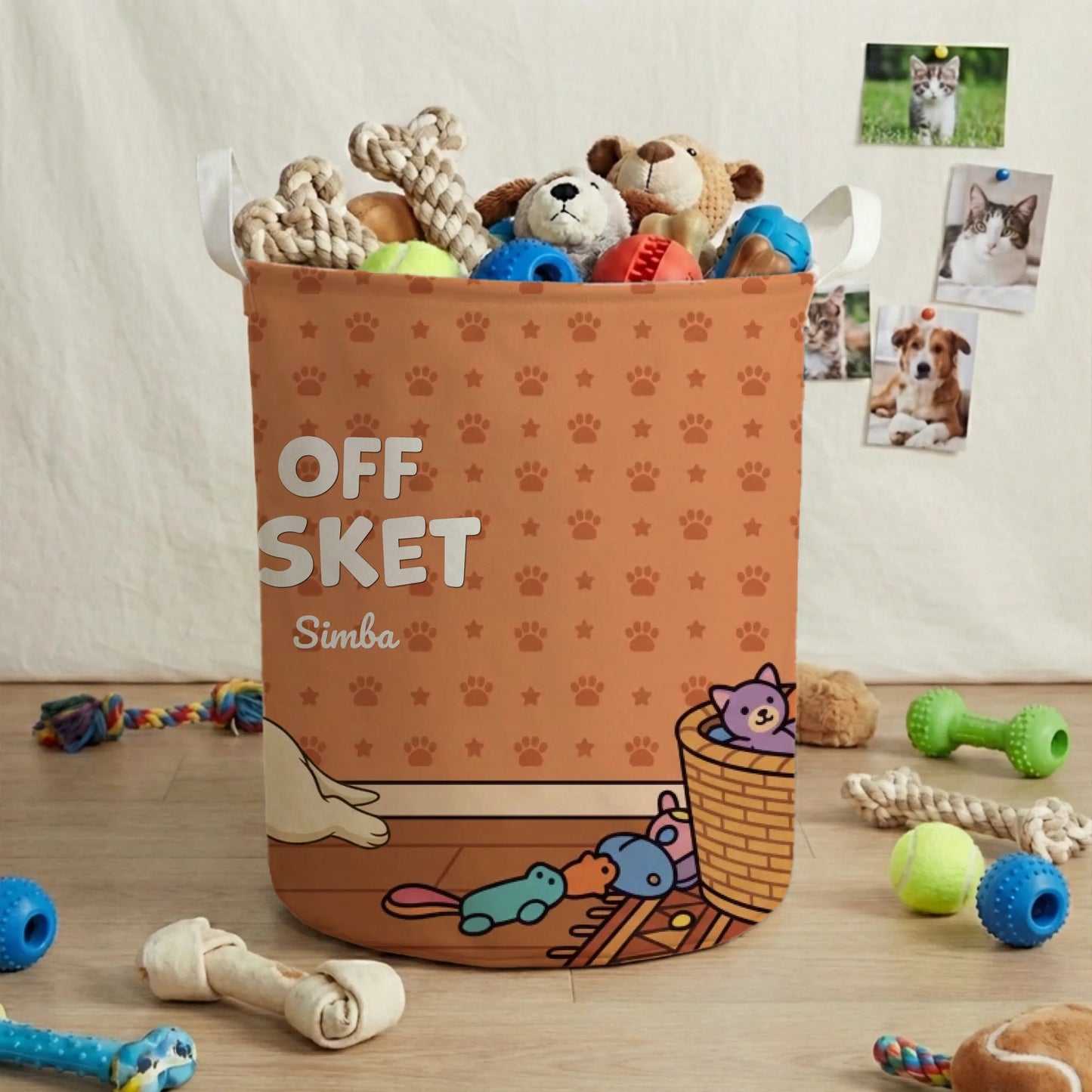 Close-up of the 'Hands Off My Basket' slogan and paw print pattern on the personalized toy basket.