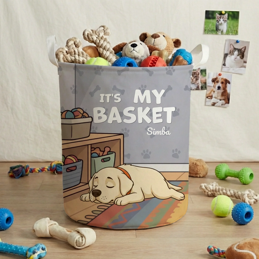 Personalized pet toy basket "It's MY Basket" with sleeping dog portrait and name.
