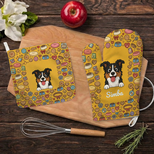 Personalized oven mitts set with a happy tri-color dog portrait and 'Simba' name amidst pet objects on a yellow background