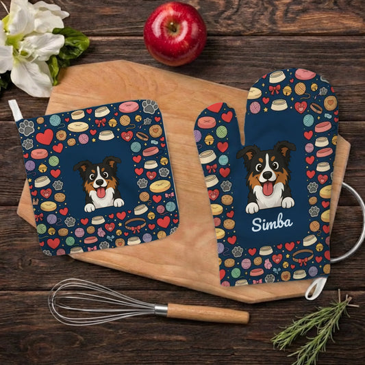 Personalized oven mitts set with "Object Mosaic #1" design featuring a happy dog.