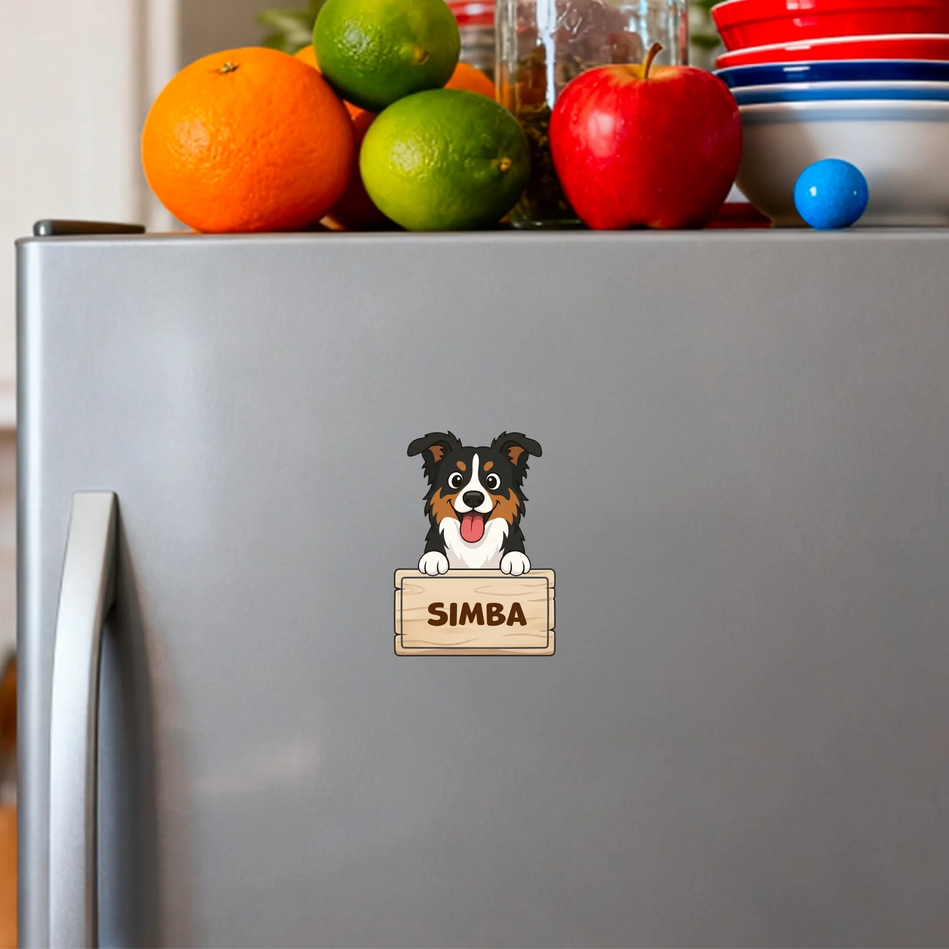 Personalized fridge magnet with happy cartoon dog holding 'SIMBA' name sign.