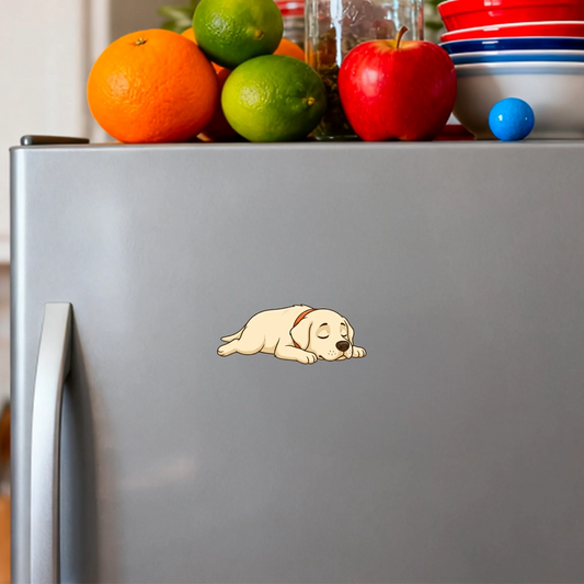 A yellow Labrador puppy sleeping peacefully on a personalized "Nap Time" fridge magnet.