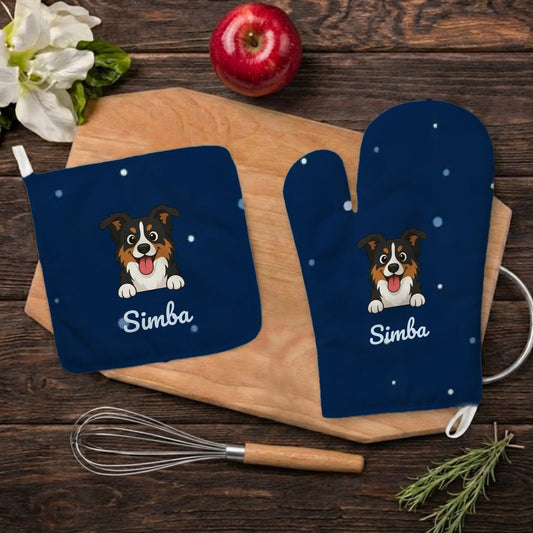 Personalized oven mitt and pot holder set, featuring a cute dog under stars.