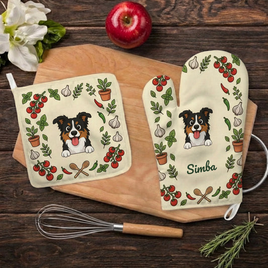Personalized oven mitt and pot holder set with an Australian Shepherd dog portrait and pet's name Simba, surrounded by cooking ingredients.