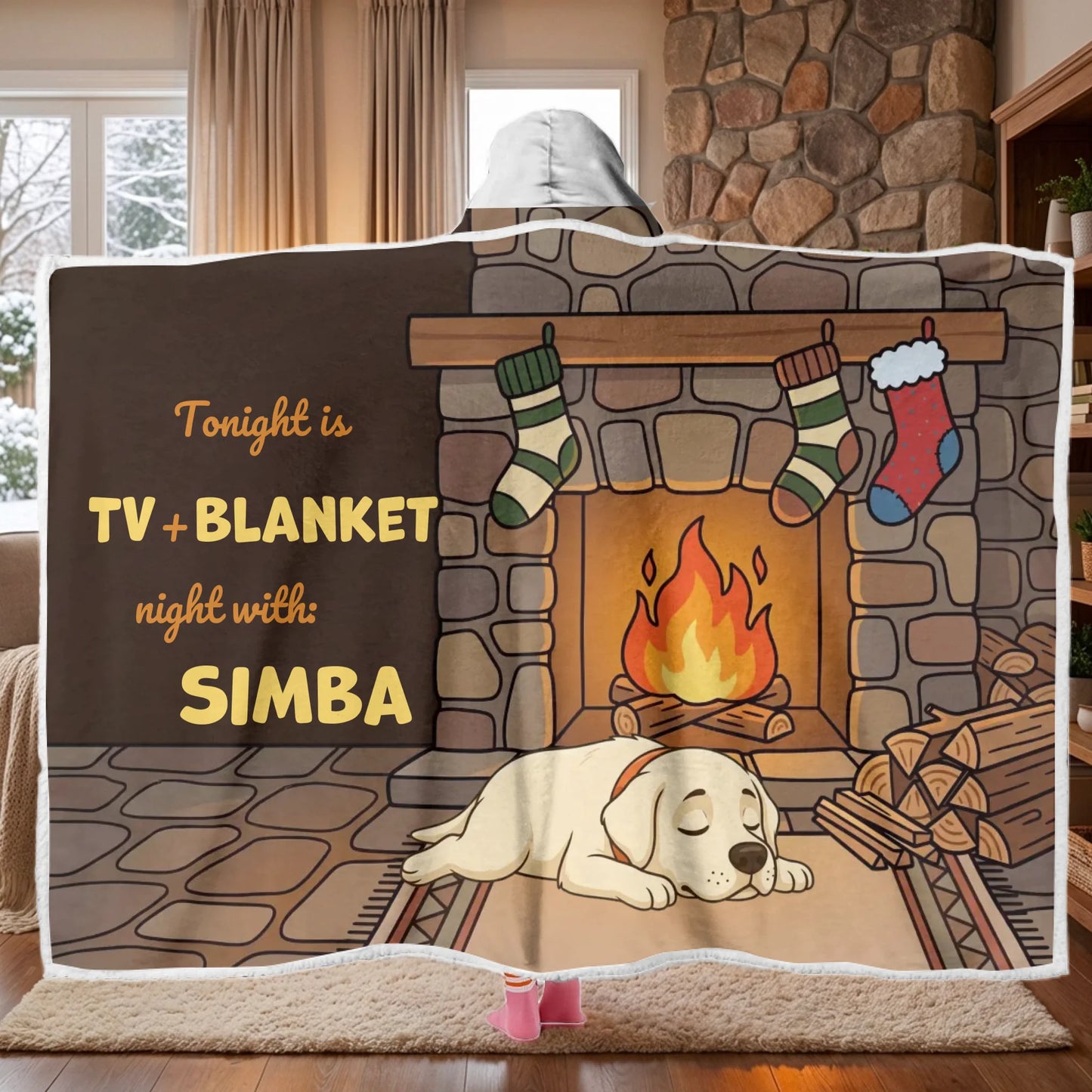 Personalized hooded blanket with a sleeping dog illustration by a fireplace for cozy TV nights.