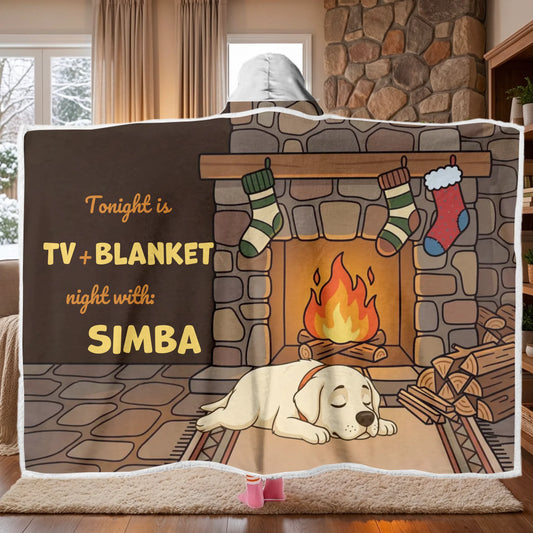 Personalized hooded blanket with a sleeping dog illustration by a fireplace for cozy TV nights.