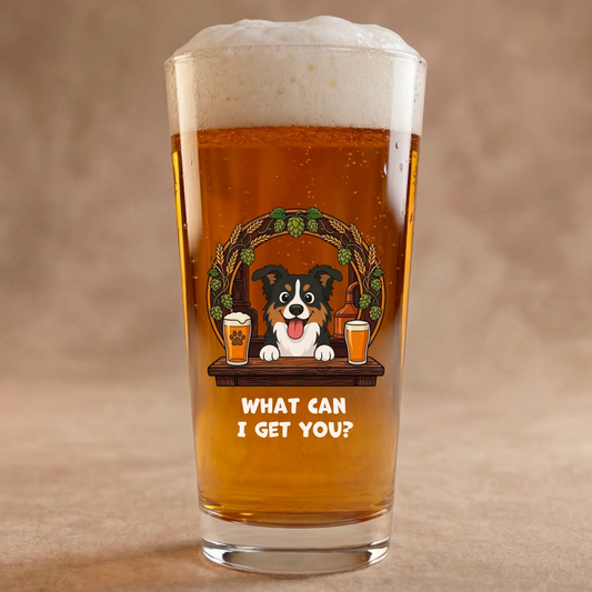 Personalized beer glass with happy cartoon Australian Shepherd dog bartender and 'What Can I Get You?' slogan