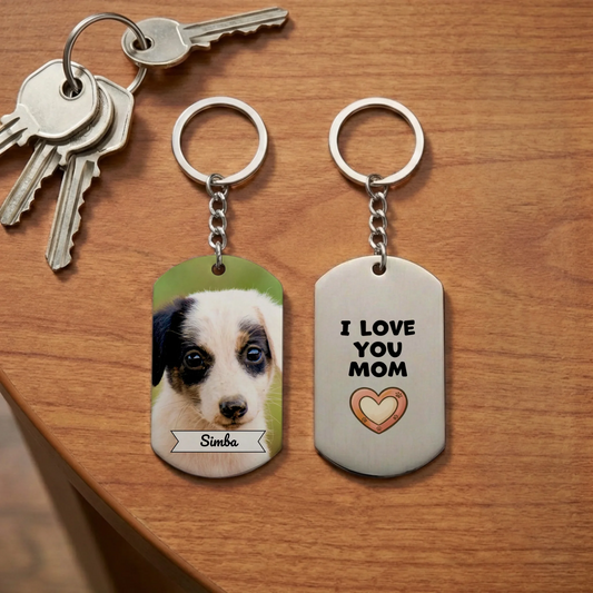 Personalized 'I Love You Mom' stainless steel keychain with a puppy photo and Simba's name.