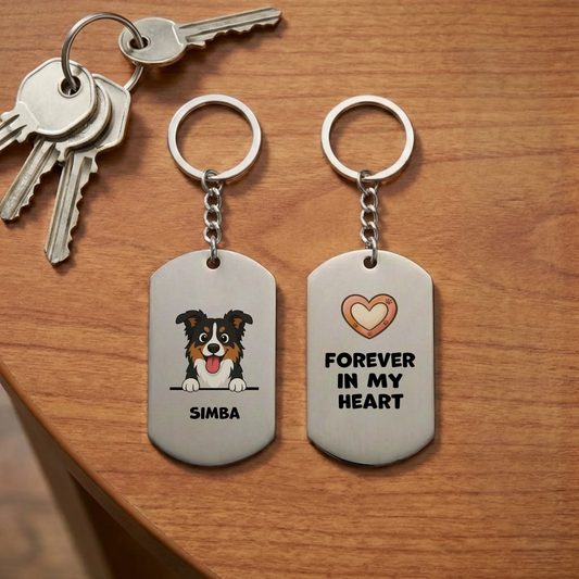 Personalized stainless steel keychain with a cheerful dog portrait and "Forever in My Heart" slogan.