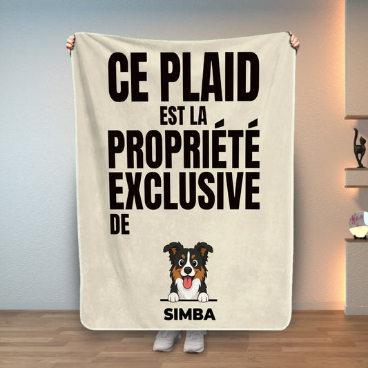 Personalized cream blanket with "This Blanket Is The Exclusive Property Of" and a cartoon dog.