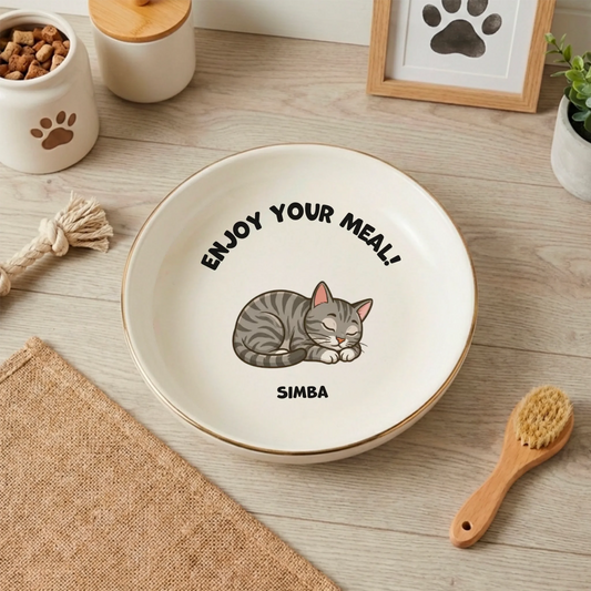 Personalized cat bowl, sleeping cat illustration, 'Enjoy Your Meal!' and 'Simba' name.