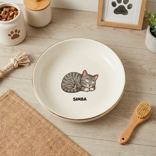 Personalized white ceramic cat bowl with a gold rim, featuring a cartoon sleeping tabby cat and the name SIMBA.