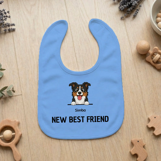 Personalized baby bib in light blue with 'New Best Friend' slogan and cartoon dog portrait