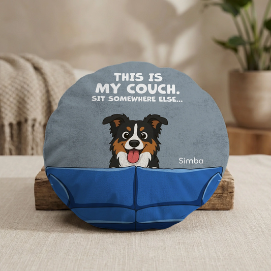 Personalized round cushion "This Is My Couch" with a cartoon dog portrait and name Simba