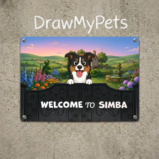 Personalized metal sign featuring a joyful cartoon dog welcoming visitors to your home in a charming countryside setting with your pet's name.