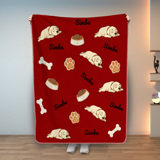 Personalized pet blanket with sleeping Labrador design and custom pet name on red background