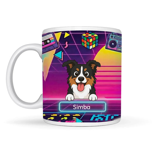 Personalized Pixel Power ceramic mug with a cute cartoon dog in a retro 80s neon art style.