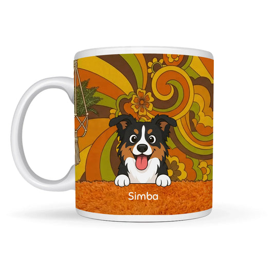 Personalized ceramic mug with a happy cartoon dog and 'Bohemian Vibes' retro design, featuring pet's name 'Simba'.