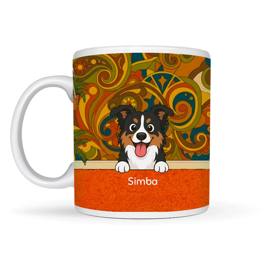 Personalized ceramic mug with a happy cartoon dog peeking over an orange rug in a vibrant 'Groovy Apartment' scene with custom pet name 'Simba'.