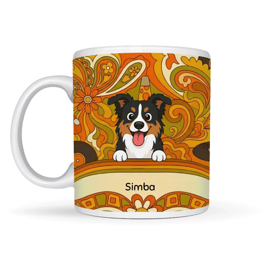 Personalized ceramic mug 'Psychedelic Sun' with a happy cartoon dog and vibrant retro patterns