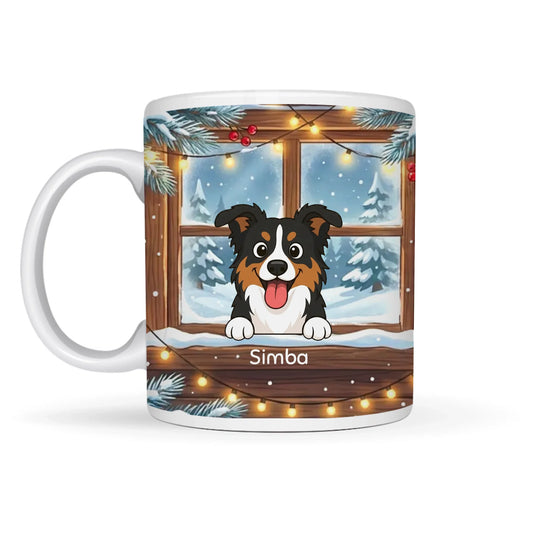 Personalized ceramic mug with a happy cartoon dog peeking from a festive window onto a snowy scene, named Simba.