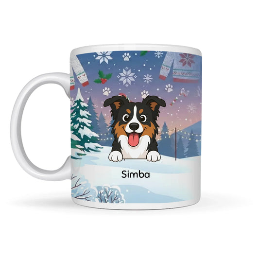 Personalized ceramic mug with a happy Australian Shepherd in a Moonlit Chalet winter scene, showing the name 'Simba'.