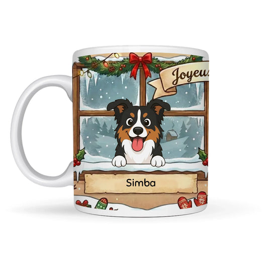 Personalized Christmas ceramic mug with a cartoon Australian Shepherd dog peeking from a decorated chalet window, snow falling outside, and the pet's name 'Simba' below.