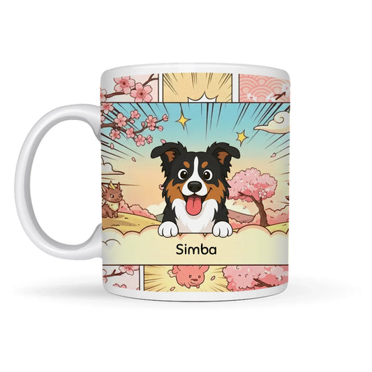 Personalized ceramic mug "The Awakening of the Guardians" with a smiling Australian Shepherd dog, cherry blossoms, and pet's name.
