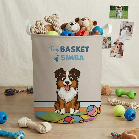 Personalized pet toy basket with a happy cartoon Australian Shepherd dog and pet's name 'SIMBA' on a light background
