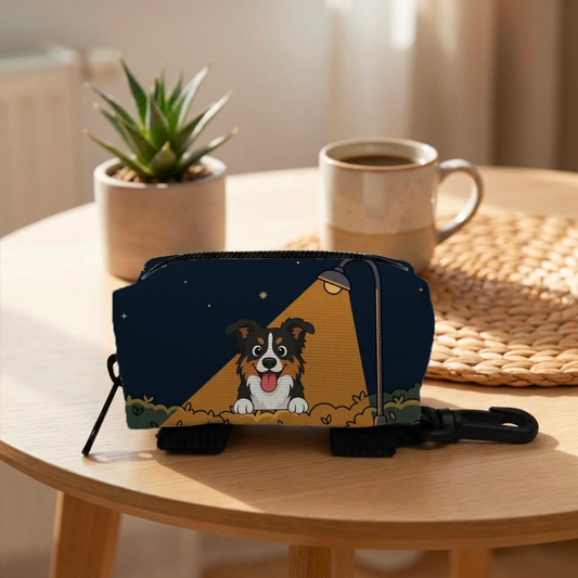 Personalized poop bag holder featuring a happy dog under a street lamp at night.