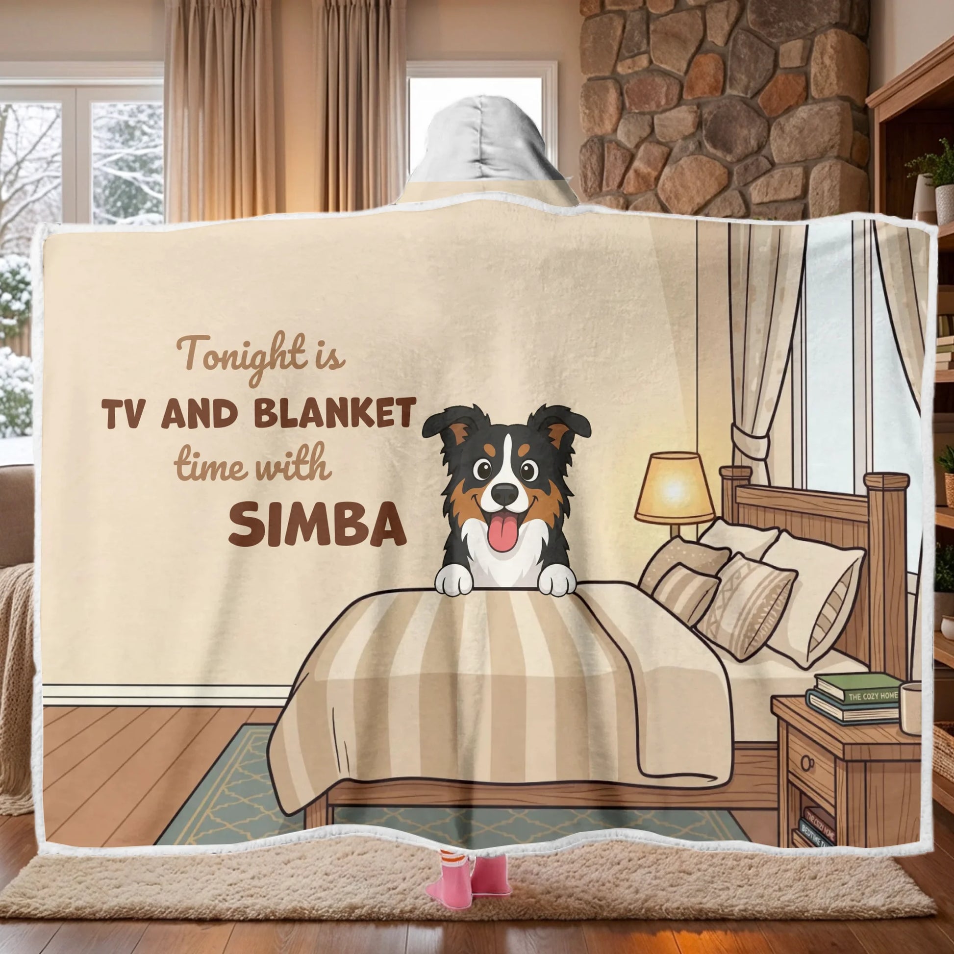 Personalized hooded blanket with a happy cartoon dog for cozy TV nights.