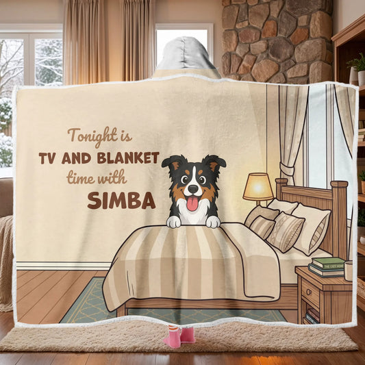 Personalized hooded blanket with a happy cartoon dog for cozy TV nights.