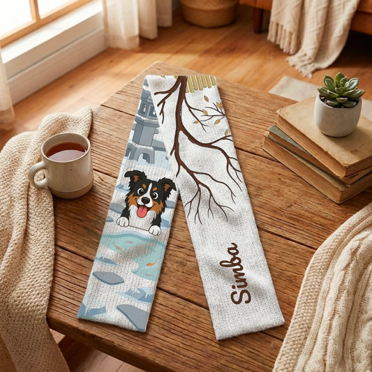 Personalized Japanese Winter scarf for dogs and cats with custom pet portrait and name