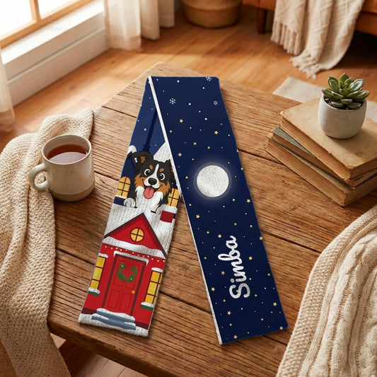 Personalized Christmas Eve scarf with a cartoon dog, snowy house, and starry moon.