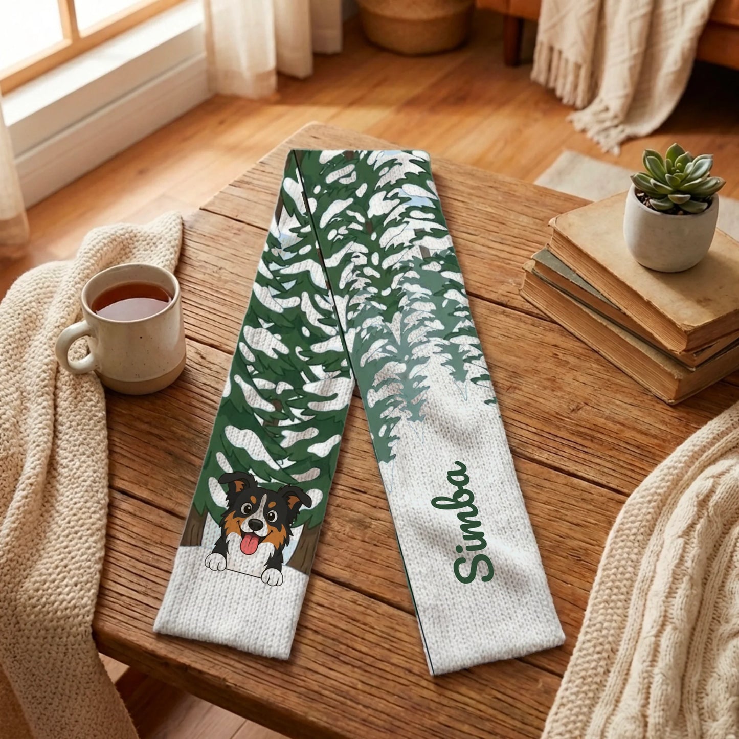 Personalized Snowy Forest scarf with a cartoon dog portrait and name on a wooden table