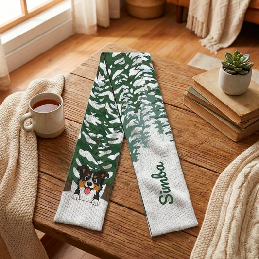 Personalized Snowy Forest scarf with a cartoon dog portrait and name on a wooden table