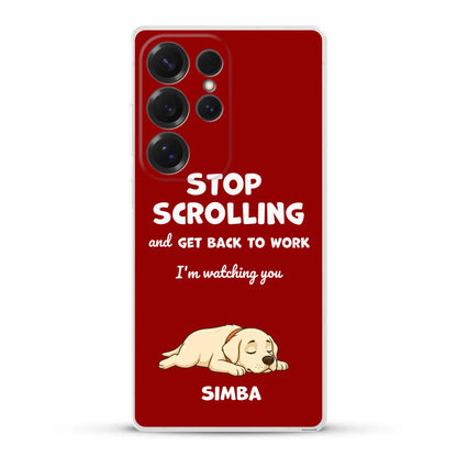 Personalized phone case with a red background, "Stop Scrolling" text, and a sleeping Labrador puppy named Simba.