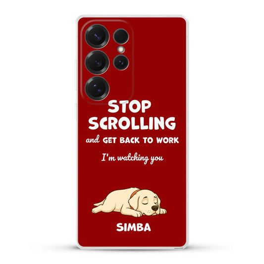 Personalized phone case with a red background, "Stop Scrolling" text, and a sleeping Labrador puppy named Simba.