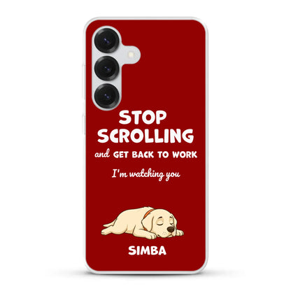 Close-up of the 'Stop Scrolling' text and sleeping puppy on a personalized phone case.
