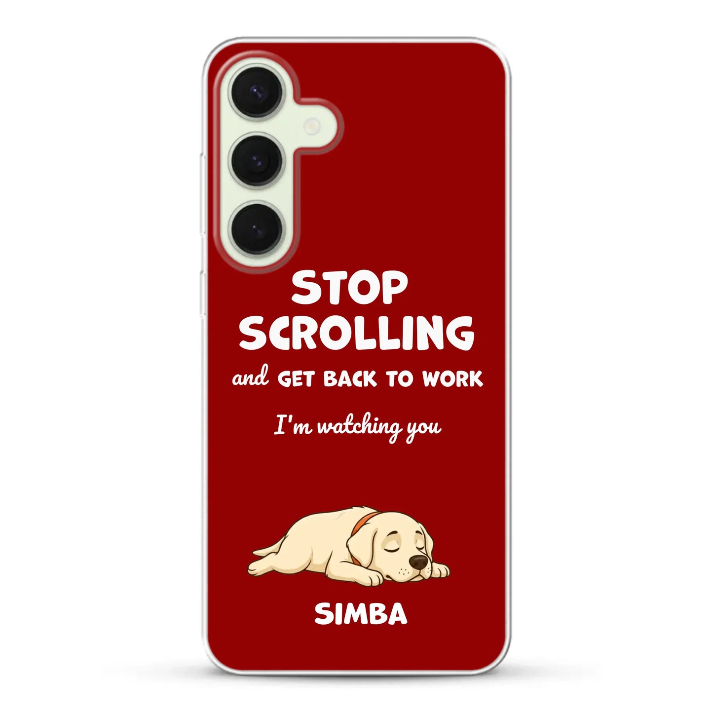 Person holding a personalized red 'Stop Scrolling' phone case with a pet portrait.